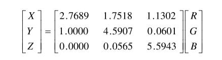 X、Y、Z和RGB系數之間關系式